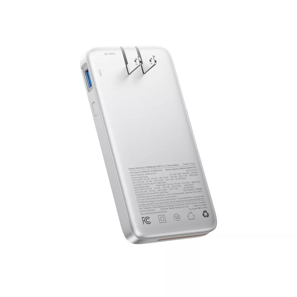 10000mAh 3-in-1 Travel Power Bank with Foldable AC Plug & Built-in USB-C Cable