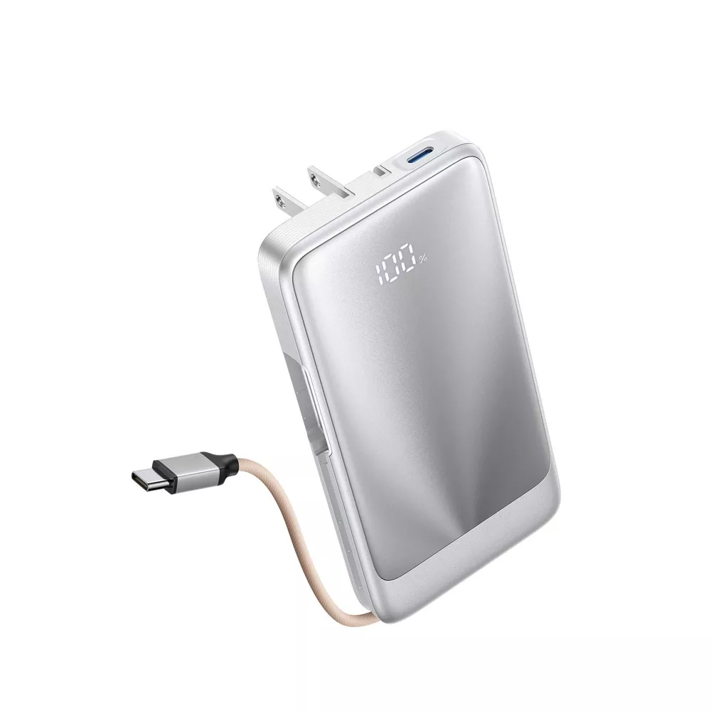 10000mAh 3-in-1 Travel Power Bank with Foldable AC Plug & Built-in USB-C Cable